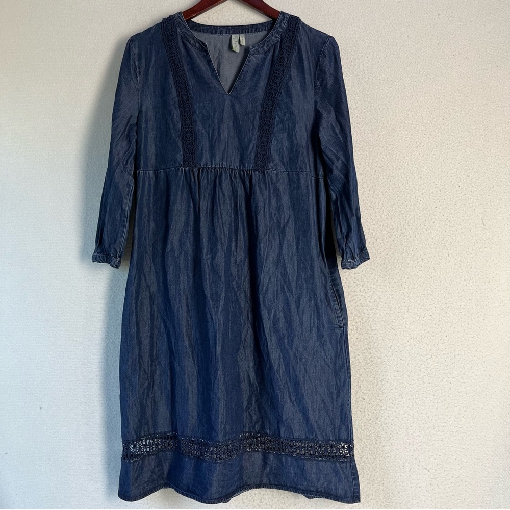 Sahalie Lyocell Chambray Lattice Trim Dress Women’s M blue pull over 3/4 sleeve